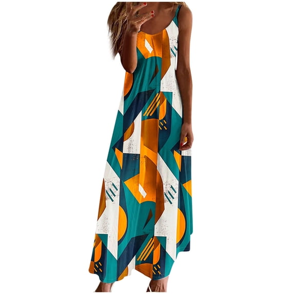 asdoklhq Summer Dresses for Women Tropical Dresses Summer Dresses for Women Print Sleeveless Round Neck Dress Casual Long Dresses Multicolor L
