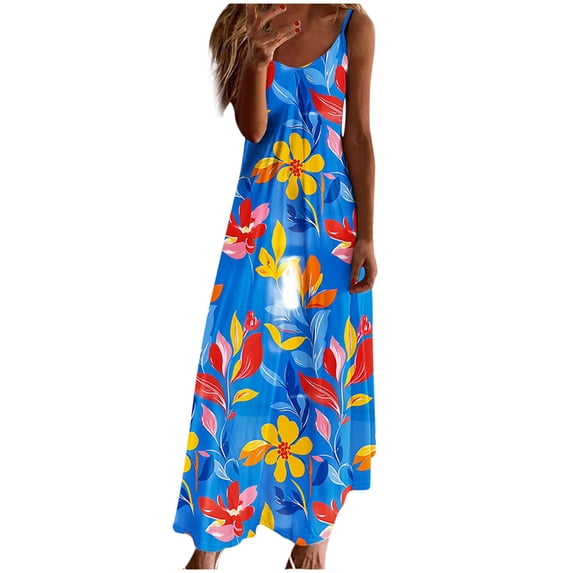 asdoklhq Summer Dresses for Women Tropical Dresses Summer Dresses for Women Print Sleeveless Round Neck Dress Casual Long Dresses Multicolor XL