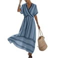 thumbnail image 1 of asdoklhq Summer Elegant Dresses for Women Quinceanera Dresses Women V Neck Short Sleeve Wrap Front Flared Striped Maxi Dress Blue XL, 1 of 7