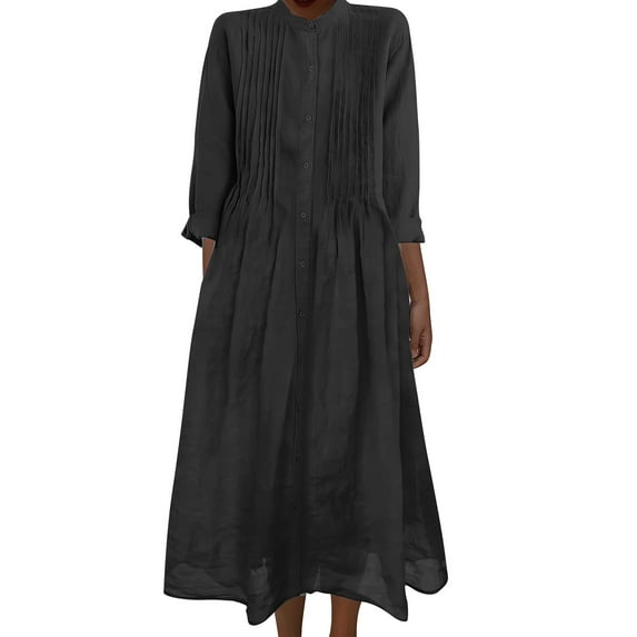 asdoklhq Summer Linen Plus Size Sweater Dress Semi Formal Navy Blue Dress for Women Women's Round-Neck Solid-Color Casual Long-Sleeved Linen Pocket Long Dress Black 2X