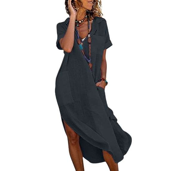 asdoklhq Summer Linen Spring Dresses Blouses for Women Dressy Casual Women Summer and Linen Solid Color Causal Turndown Collar Sleeveless Button Dress Dark Gray S