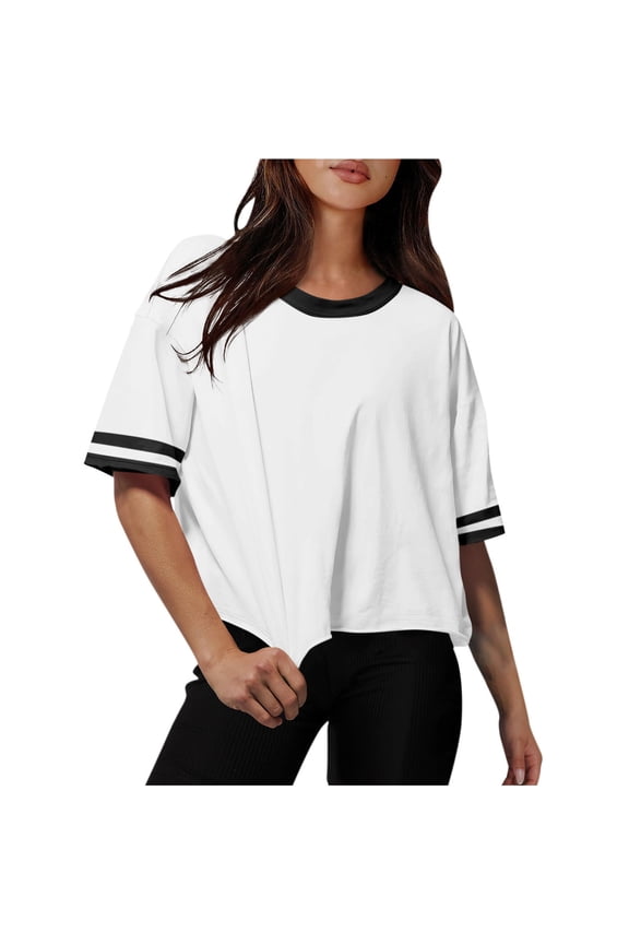 Summer Tops for Women 2026 Camo Women Drop Shoulder Round Neck Oversized Crop Workout Tees White M