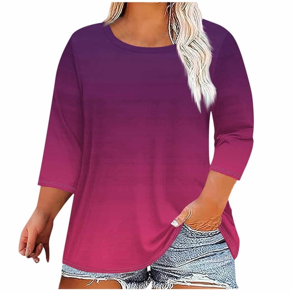 asdoklhq Summer Tops for Women Gradient Color Shirts Fashion Women's Casual Print Round Neck 3/4 Sleeve T-shirt Blouse Hot Pink 5X