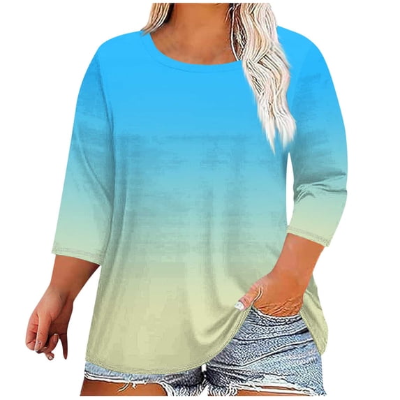 asdoklhq Summer Tops for Women Gradient Color Shirts Fashion Women's Casual Print Round Neck 3/4 Sleeve T-shirt Blouse Sky Blue 3X