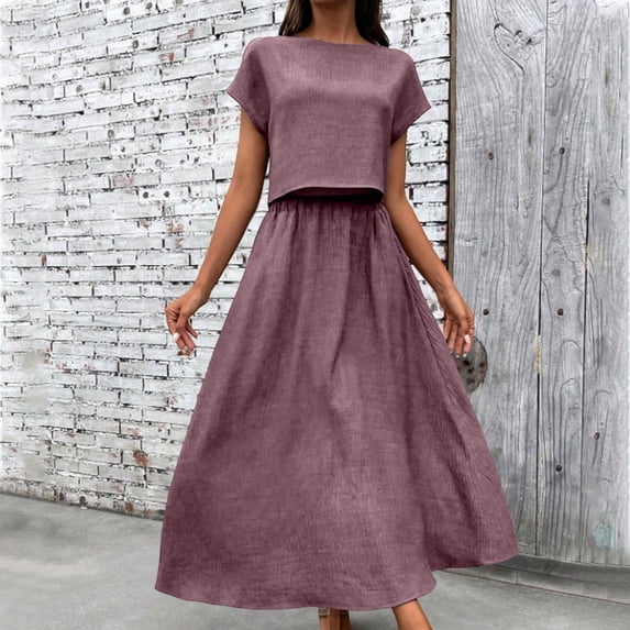 asdoklhq Summer Wedding Guest Dresses For Women Black Cocktail Dress Summer Crew Neck Short Sleeve Top & Midi Skirt Piece Set Purple 2X