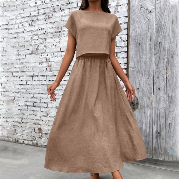 asdoklhq Summer Wedding Guest Dresses For Women Black Cocktail Dress Summer Crew Neck Short Sleeve Top & Midi Skirt Piece Set Yellow S