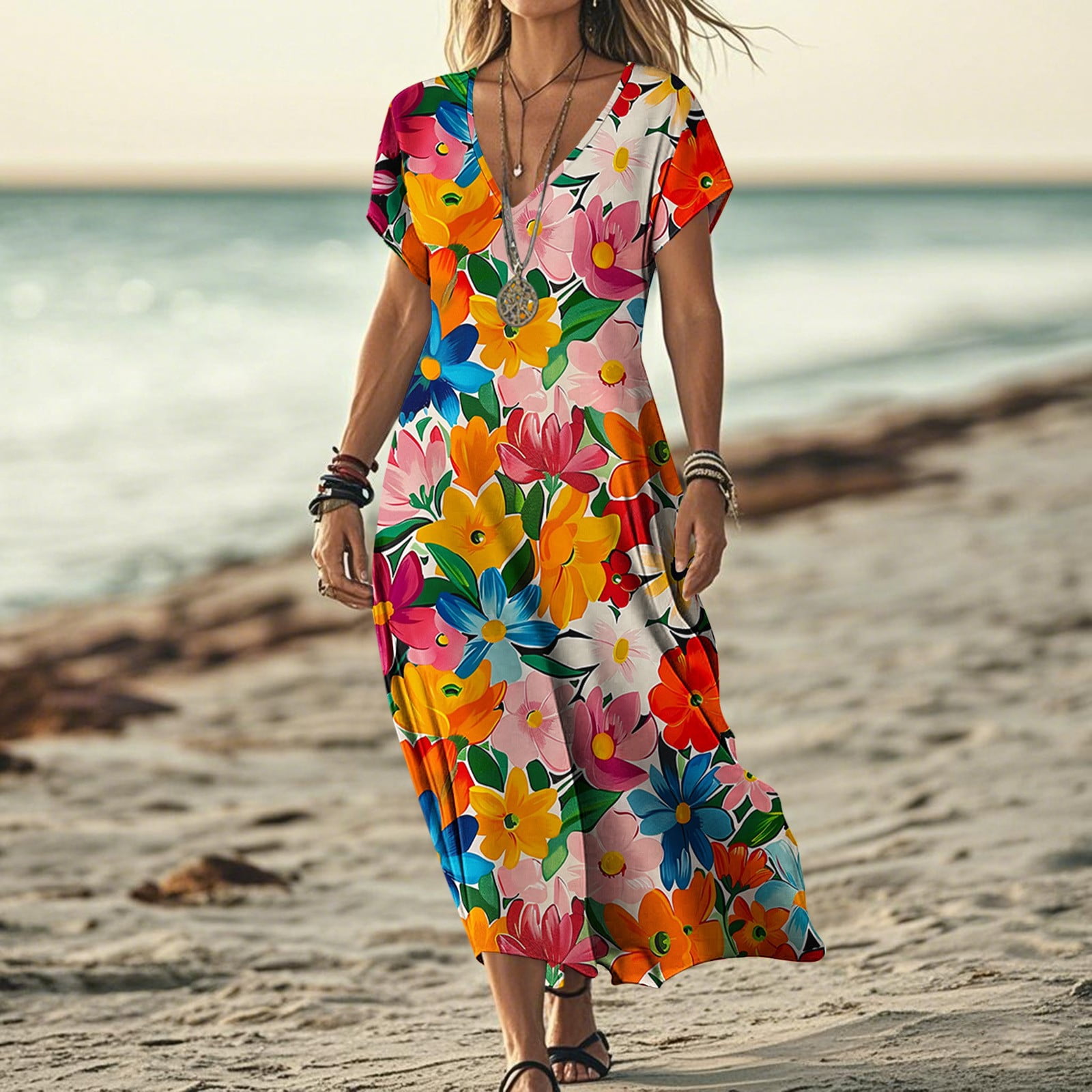 short sleeved sun dress Women's Loose Short Sleeved Summer Plus Size Dress