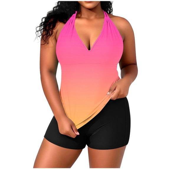 asdoklhq Surf Wear Swimsuits for Women One Piece Swimsuits Women's Plus Size Casual Solid Color Split Back Strappy Adjustable Top with Built-in Bralette Swimwear Set Hot Pink XL