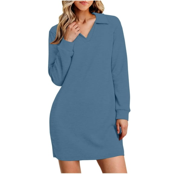 asdoklhq Sweater Dresses for Women 2025 Fashion Women Solid Color V-neck Long Sleeves Shut Up Sports Style Fall Dress Blue M