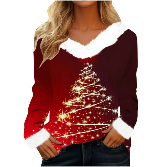 asdoklhq Sweaters for Women Ladies' Loose and Casual Christmas Tree Printed Plush Patchwork V-neck Long Sleeved Top Red 2X