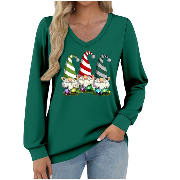 asdoklhq Sweaters for Women's Fashionable and Casual Loose Christmas V-neck Long Sleeved T-shirt Top Army Green S