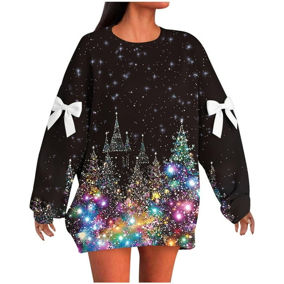 asdoklhq Sweaters for Women's Fashionable and Christmas Comfortable Holiday Style Real Bow Loose ShoulderRegular Solid Color Top Black 4X