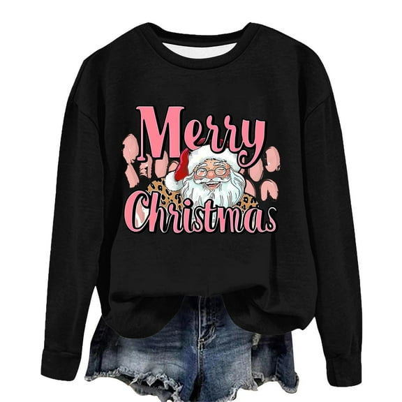asdoklhq Sweatshirt for Women Christmas Printed Crew Neck Long Sleeve Pullover Hoodie Black S