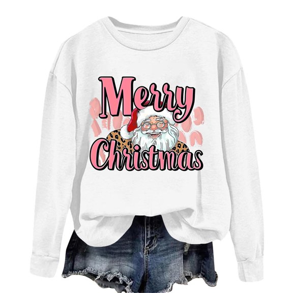 asdoklhq Sweatshirt for Women Christmas Printed Crew Neck Long Sleeve Pullover Hoodie White 2X