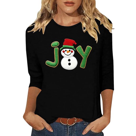asdoklhq Sweatshirts Ladies' Christmas Round Neck 3/4 Sleeve T-shirt Shirt Black 3X