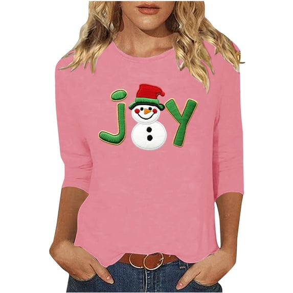 asdoklhq Sweatshirts Ladies' Christmas Round Neck 3/4 Sleeve T-shirt Shirt Pink S