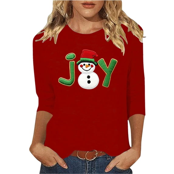 asdoklhq Sweatshirts Ladies' Christmas Round Neck 3/4 Sleeve T-shirt Shirt Red 3X