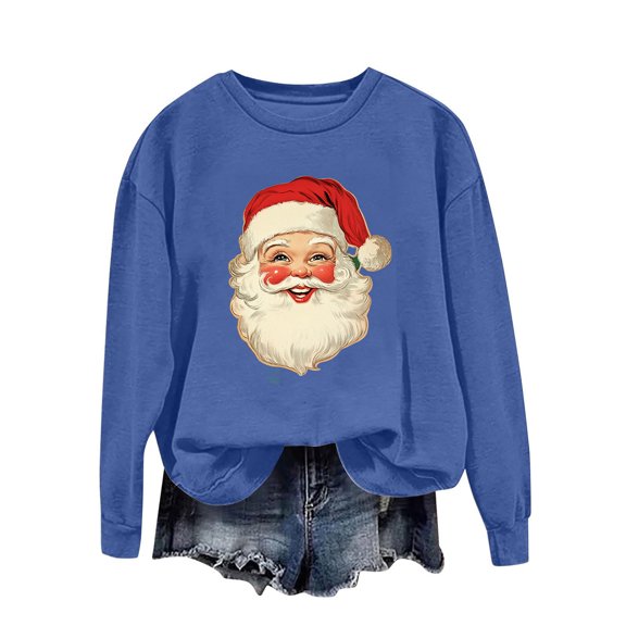 asdoklhq Sweatshirts for Women's Round Neck Printed Loose Fitting Long Sleeve Hoodless Sweatshirts Blue XL