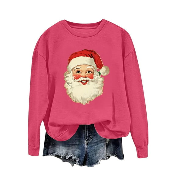 asdoklhq Sweatshirts for Women's Round Neck Printed Loose Fitting Long Sleeve Hoodless Sweatshirts Hot Pink L