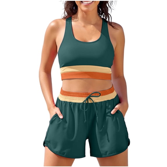 asdoklhq Swim Suits Womens Swimsuits Color Block Tankini Shorts Women's Colorblock Back Zip Sports Bra with Built-in Pockets and Pocket Double-layer ShortsTwo-Piece Casual Swimsuit Set Green S