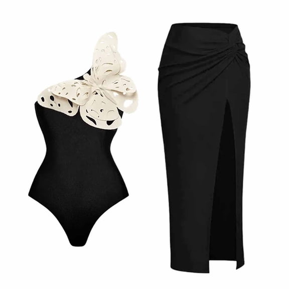 asdoklhq Swim Suits for Women Swimsuit Swimsuit Lace Up Swimsuit Long Skirt Chiffon Two-piece Set Black L