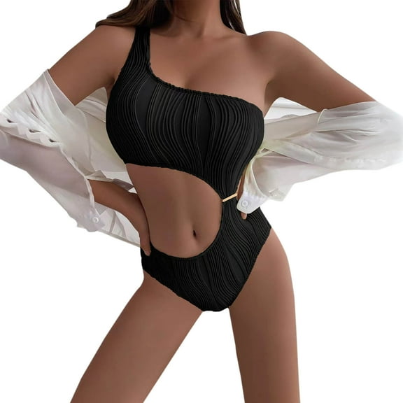 asdoklhq Swimsuits for Women 2026 Solid Color Textured Fabric Hollow Out One Swimsuit Bikini Belly Covering Shoulder Women's Swimsuit Black S