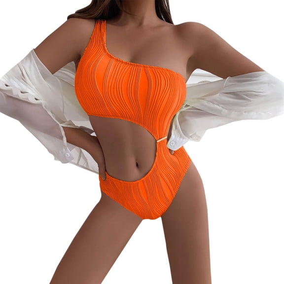 asdoklhq Swimsuits for Women 2026 Solid Color Textured Fabric Hollow Out One Swimsuit Bikini Belly Covering Shoulder Women's Swimsuit Orange M