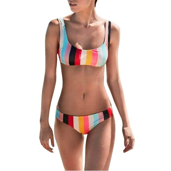 asdoklhq Swimsuits for Women Plus Size,Rainbow Swimwear Bikini Set Push-Up Padded Swimsuit Bathing Beachwear