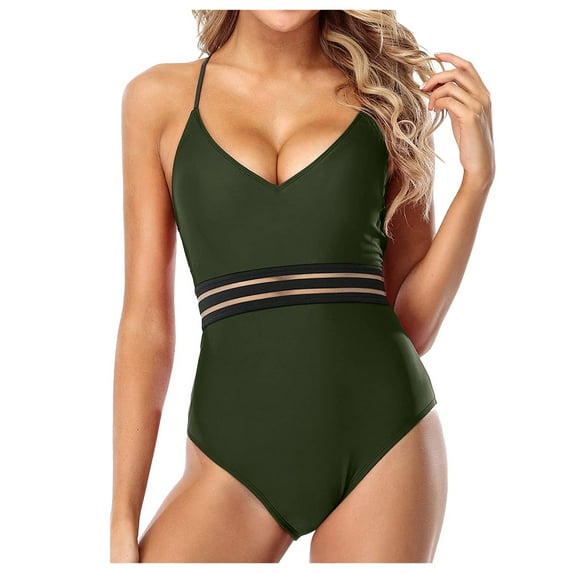 asdoklhq Swimsuits for Women Plus, Womens V Neck Swimsuits Mesh Halter One Piece Monokini Bathing Suit