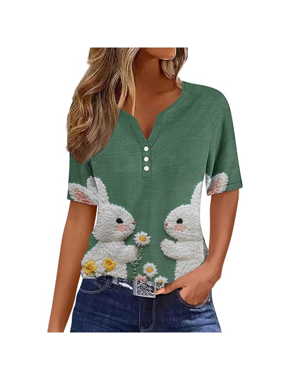 T Shirts for Women Easter Women's Casual Gradient Short-Sleeved V-Neck Blouse Multicolor XL