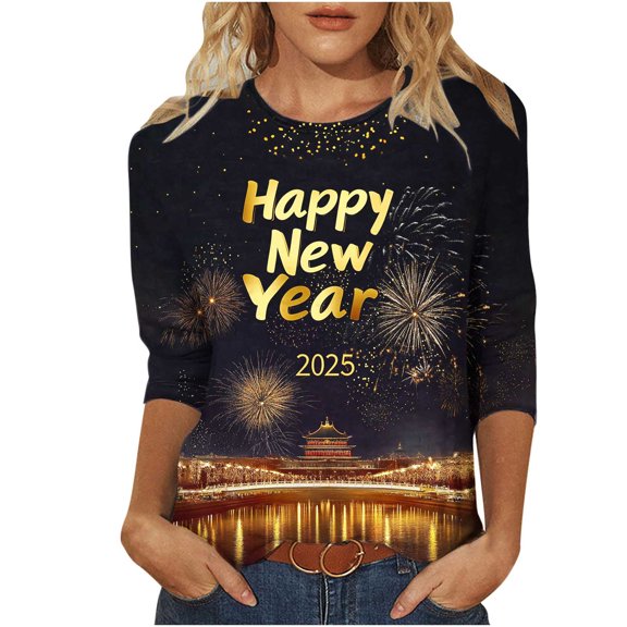 asdoklhq T Shirts for Women Fashion Women's Casual Print Round Neck 3/4 Sleeve T-shirt Top Blouse Multicolor S