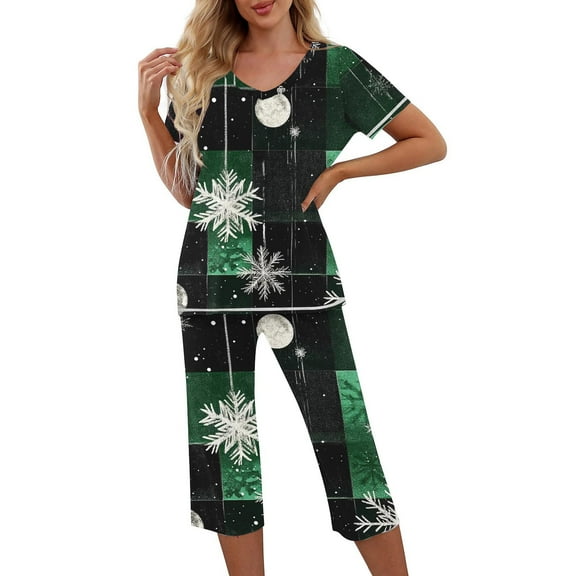 asdoklhq Thanksgiving Pajamas Women Woman Christmas Print Round Neck Button Short Sleeve Top and Elastic Waist Pockets Pant Pajama Sets Green 2X