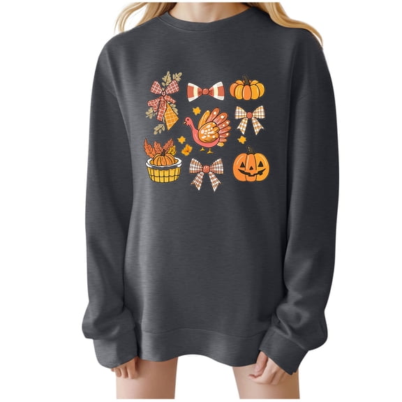 asdoklhq Thanksgiving Shirt Women's Casual Loose Thanksgiving-print Round-neck Drop-shoulder Long-sleeved Sweater Top Gray M