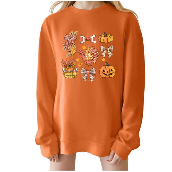 asdoklhq Thanksgiving Shirt Women's Casual Loose Thanksgiving-print Round-neck Drop-shoulder Long-sleeved Sweater Top Orange M