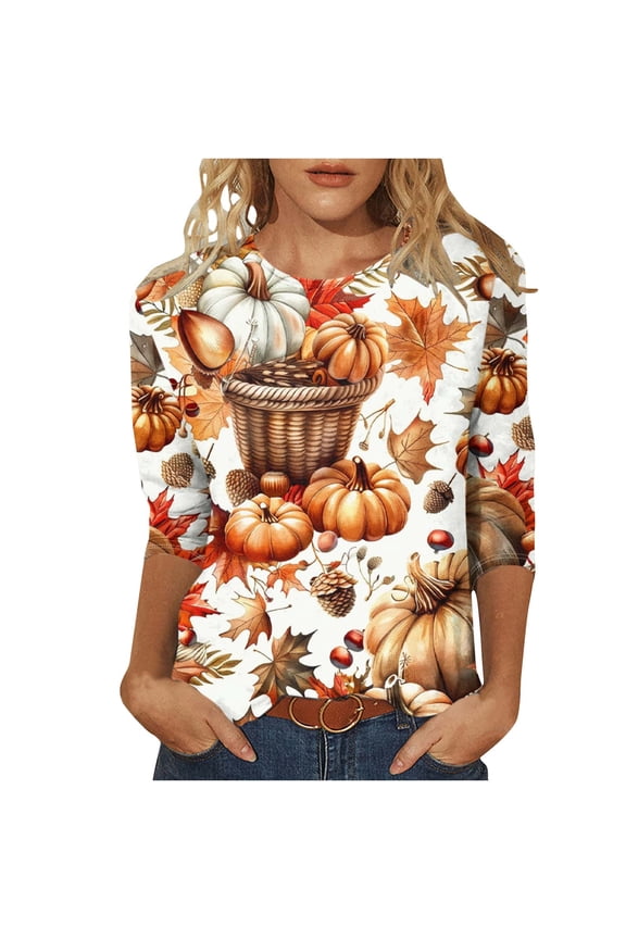 Thanksgiving Shirts Women Fashion Thanksgiving Pumpkin Fruit Print Round Neck Three Quarter Sleeve 3/4 Sleeve T-shirt Top Multicolor 2X