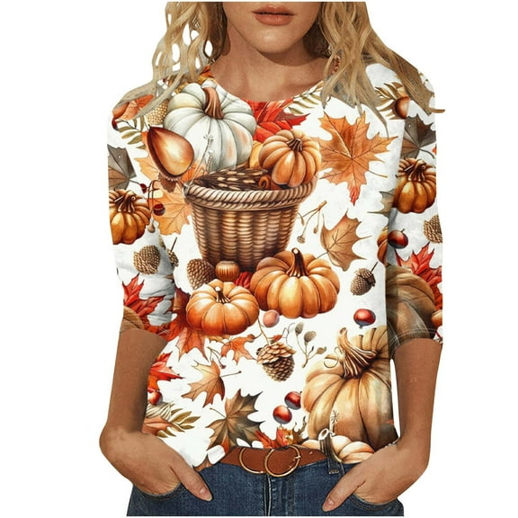 asdoklhq Thanksgiving Shirts Women Fashion Thanksgiving Pumpkin Fruit Print Round Neck Three Quarter Sleeve 3/4 Sleeve T-shirt Top Multicolor XL