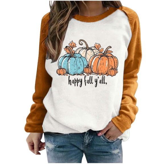 asdoklhq Thanksgiving Shirts for Women Fashion Casual Printed Round Neck Loose Long Sleeve Capless Sweatshirt Top Orange XL