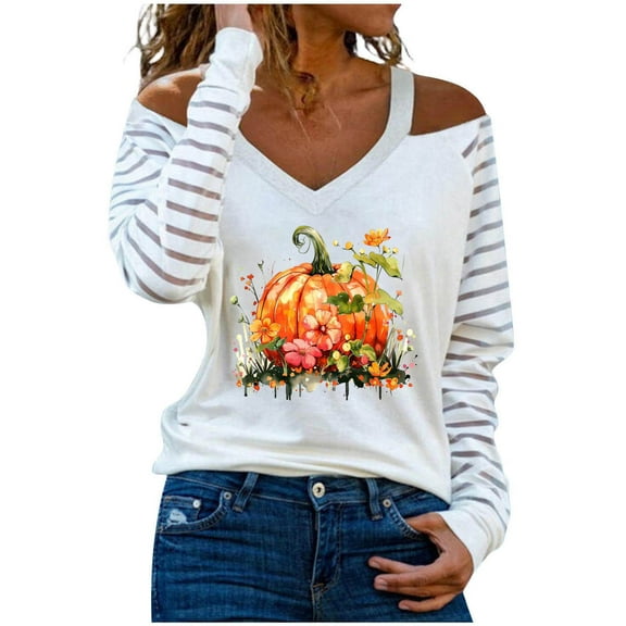 asdoklhq Thanksgiving Shirts for Women Fashion Woman-Neck Long Sleeve T-Shirt Printing Cold Shoulder Loose Blouse White M