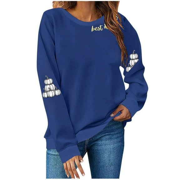 asdoklhq Thanksgiving Shirts for Women Thanksgiving Printed Long Sleeve Round Neck Loose Top Sweatshirt Navy S