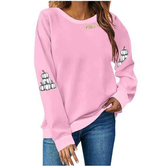 asdoklhq Thanksgiving Shirts for Women Thanksgiving Printed Long Sleeve Round Neck Loose Top Sweatshirt Pink S