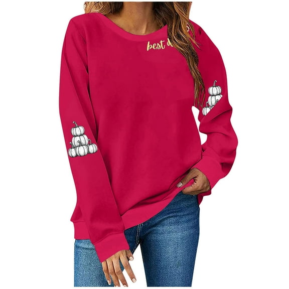 asdoklhq Thanksgiving Shirts for Women Thanksgiving Printed Long Sleeve Round Neck Loose Top Sweatshirt Red S