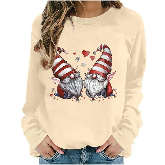 asdoklhq Tops for Women Christmas Women's Round Neck Christmas Printed Sweatshirt Long Sleeved Top Sweatshirt Khaki XS