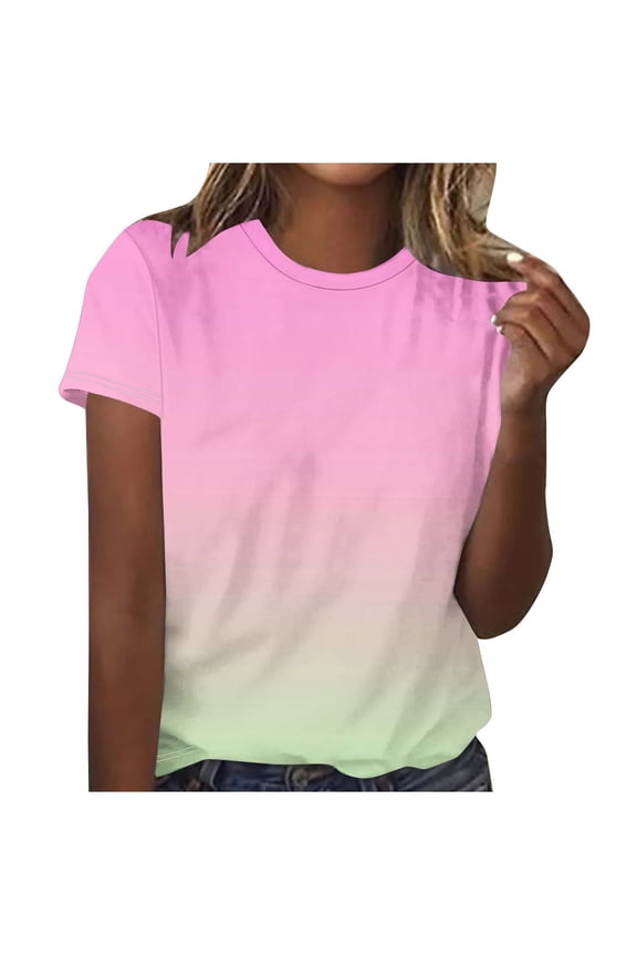 Tshirts Shirts for Women Collared Women Gradient Color Crew Neck Casual Loose T-Shirt Pink M