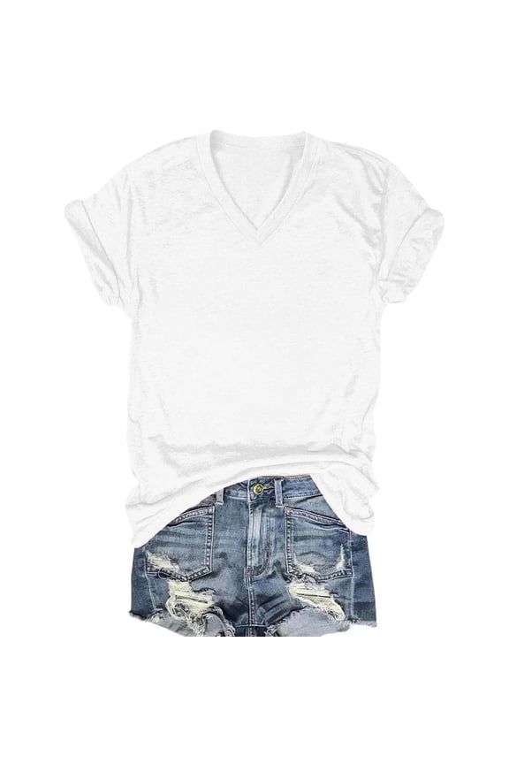 Tshirts Shirts for Women Collared Women's Solid Color V-neck Bottom Lining Outer Short Sleeved White M