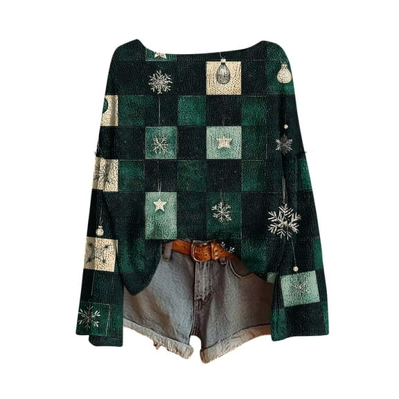 asdoklhq Tshirts Shirts for Women Ladies' Winter Christmas Printed Long Sleeved Coarse Woven Pit Stripe Round Neck Pullover Top Army Green S