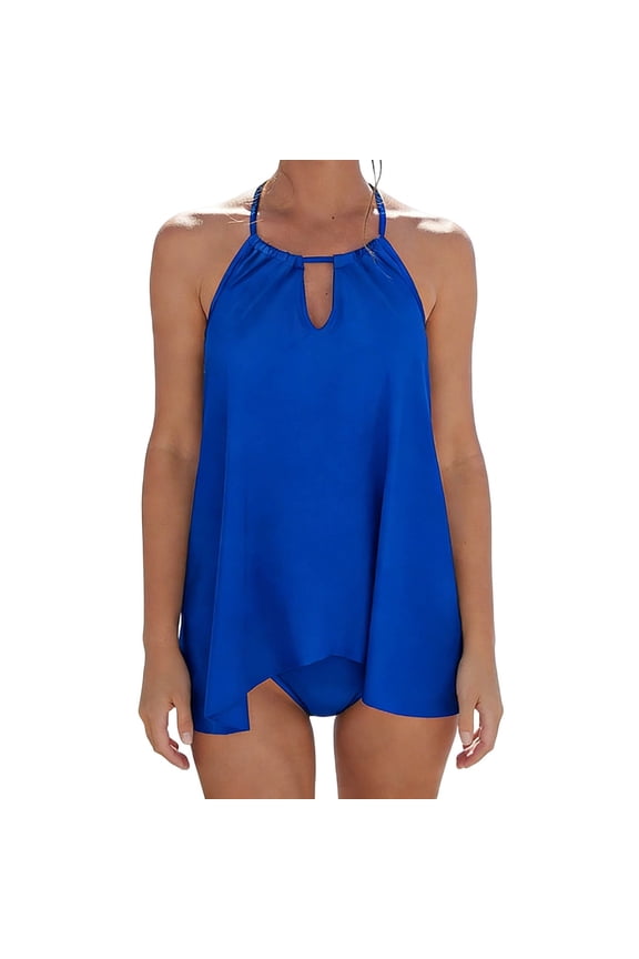 Tummy Control Bathing Suit Bikini Swimsuits Women's 2025 Spring Fashion Conservative Solid Color Skirt Style Split Joint Swimsuit Set Blue 3X