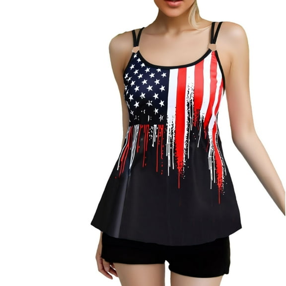 asdoklhq Tummy Control Swimsuits for Women Tie-Dyed Contrast Color Camisole Shoulder Backless Bikini Swimsuit Red 5X