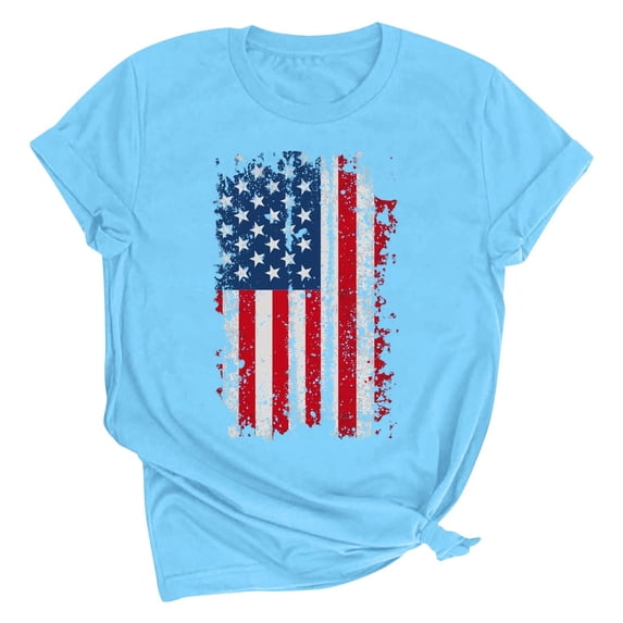 asdoklhq Usa Patriotic Tops Womens Summer Tops Red White Blue Shirts Women's Lover Printed T-shirt Round Neck Short Sleeved Sky Blue 2X
