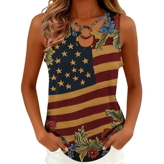 asdoklhq Usa Shirts for Women Graphic T Shirts Women's Casual Independence Day Sleeveless Round Neck Multicolor 3X