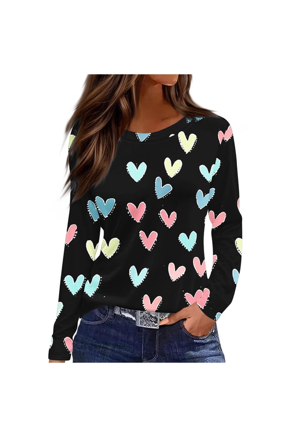 Valentine Day Tops for Women Fashion Women's Casual Long Sleeve Striped Heart Printing Round Neck Loose T-Shirt Blouse Top Blue 5X